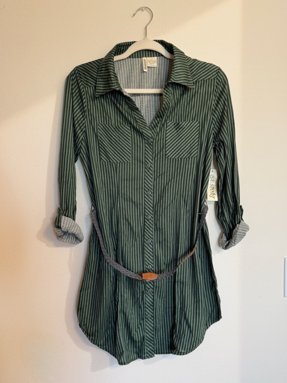 Striped Green Button-Front Tunic with Self-Belt